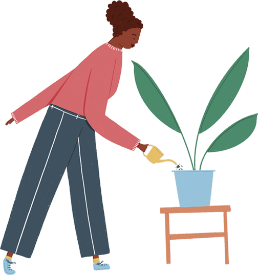 Illustration of a person watering a plant, suggesting careful, iterative growth